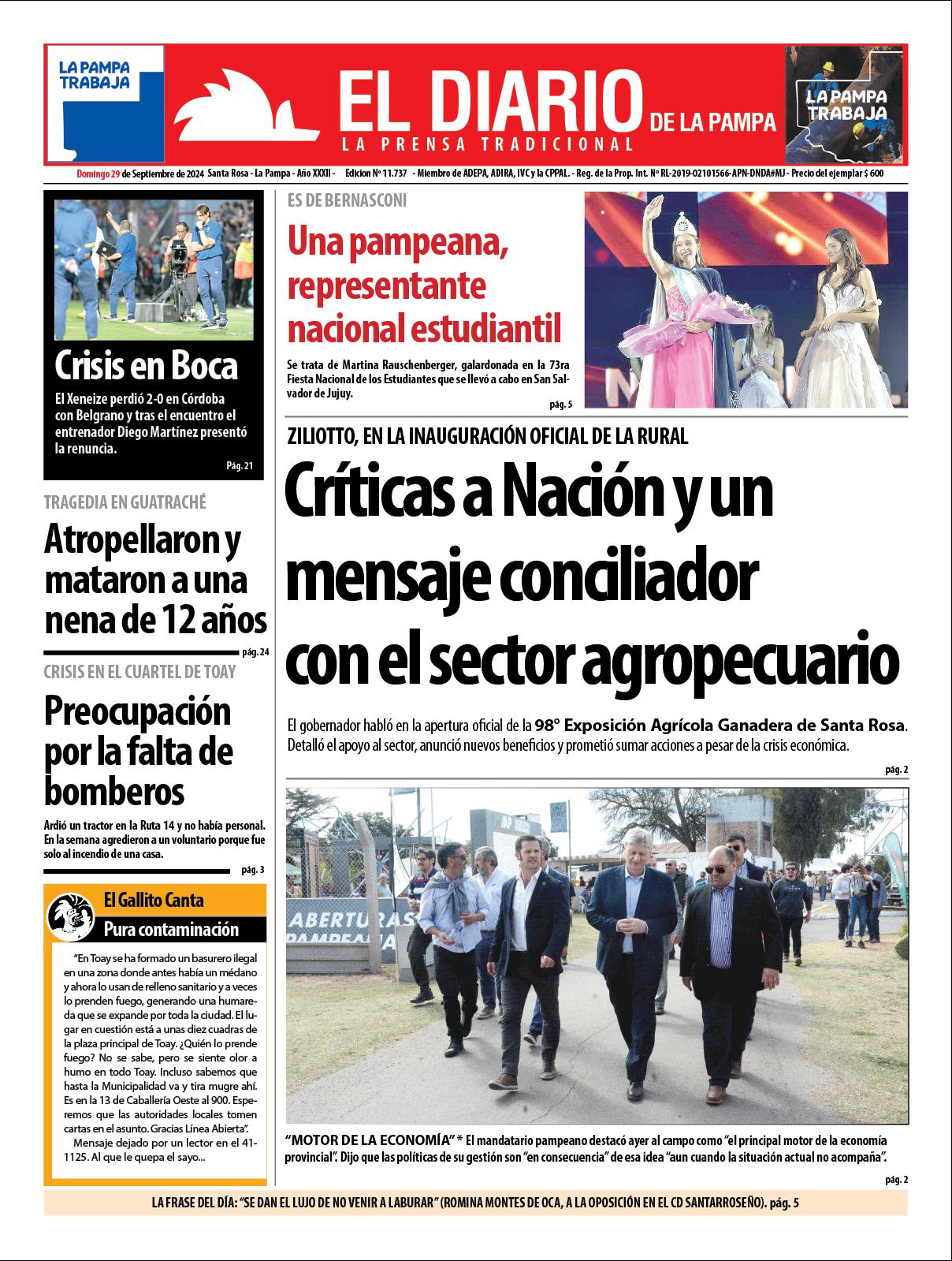 Tapa de El Diario en papel  domingo 29 de septiembre de 2024